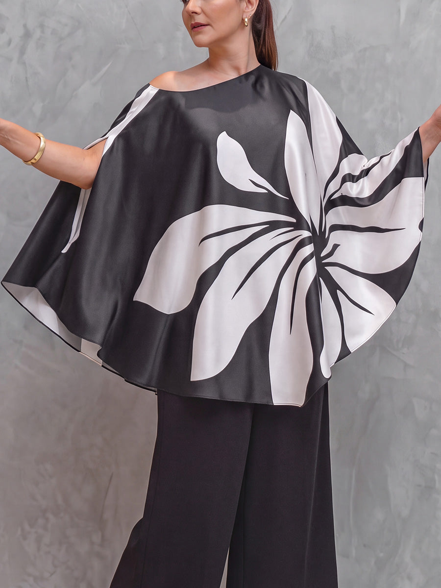 Batwing Sleeves Long Sleeves Contrast Color Flower Print Split-Side One-Shoulder Blouses&Shirts Tops