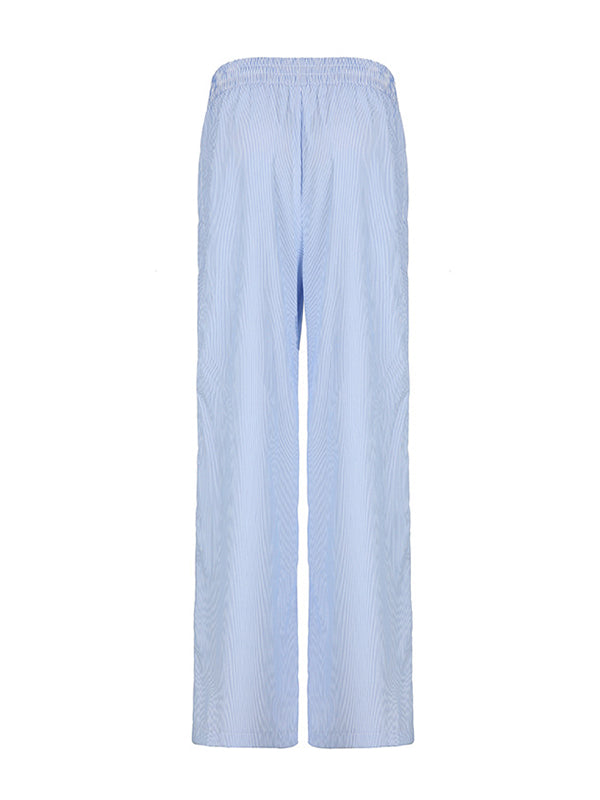 High Waisted Loose Elasticity Split-Joint Striped Pants Trousers