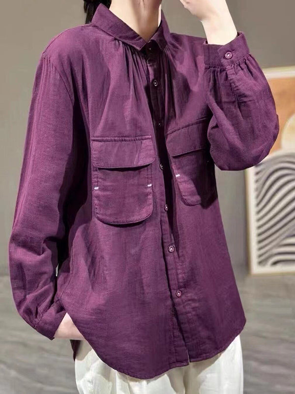 High-Low Long Sleeves Buttoned Pockets Lapel Blouses&Shirts Tops