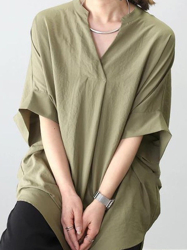 Half Sleeves High-Low Pleated Solid Color Split-Joint V-Neck Blouses&Shirts Tops