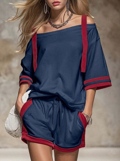 Half Sleeves Loose Contrast Color Drawstring Pockets Off-The-Shoulder T-Shirt Top + Shorts Bottom Two Pieces Set