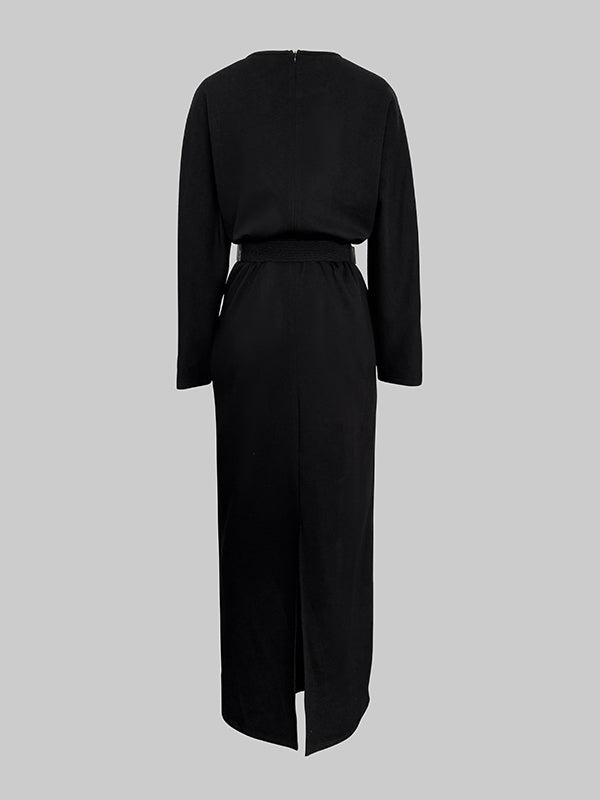 Half Sleeves Loose Rhine Stones Split-Joint Round-Neck Maxi Dresses