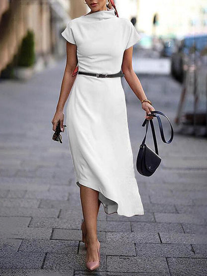 A-Line Loose Asymmetric Solid Color Mock Neck Midi Dresses