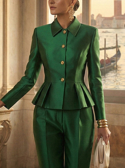 Elasticated Waist High Waisted Buttoned Contrast Color Ruffled Split-Joint Lapel Blazer Blouses&Shirts Tops