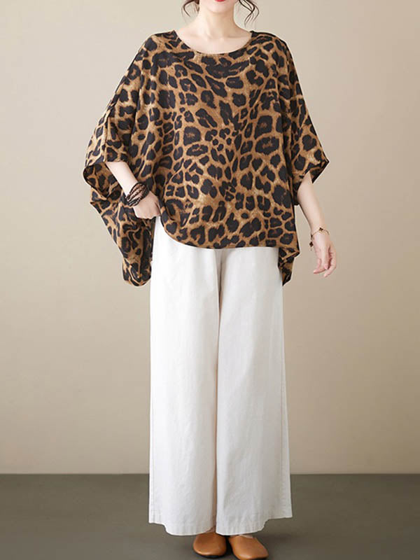 Batwing Sleeves Loose Leopard Round-Neck T-Shirts Tops