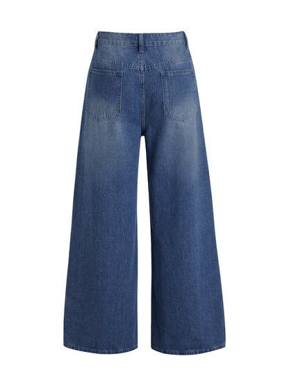 Loose Wide Leg Pockets Solid Color Jean Pants Bottoms