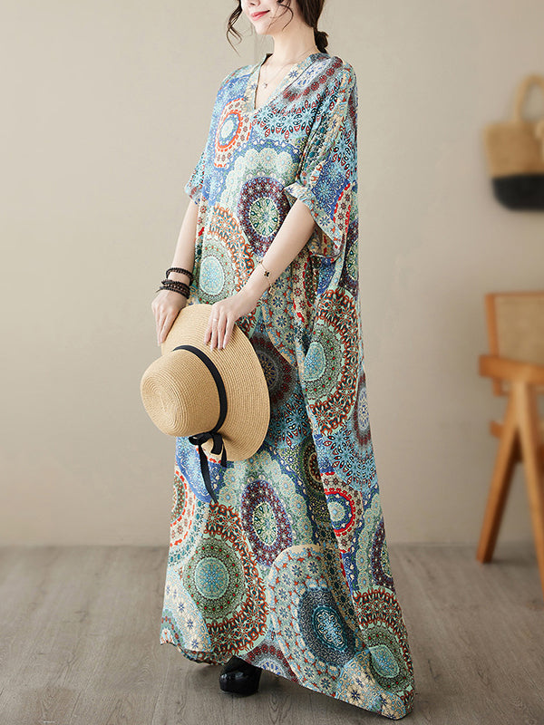 Loose Short Sleeves Ethnic Printed V-Neck Maxi Dresses