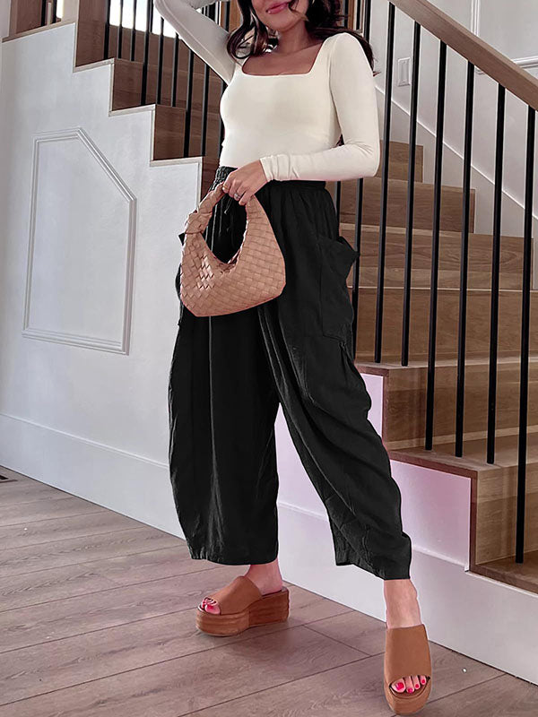 High Waisted Loose Drawstring Elasticity Pleated Pockets Solid Color Ninth Pants Trousers