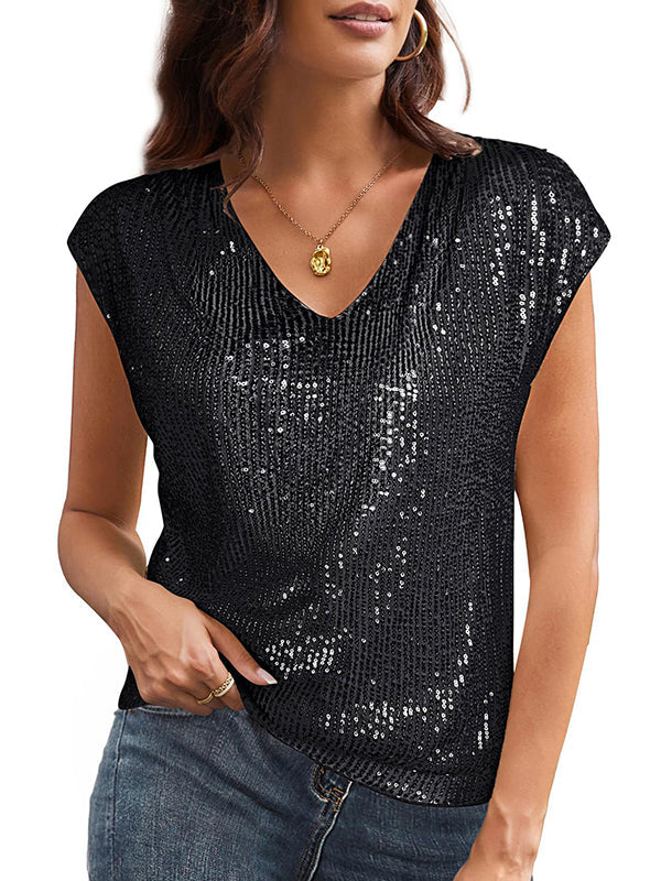 Batwing Sleeves Loose Sequined Shiny V-Neck T-Shirts Tops