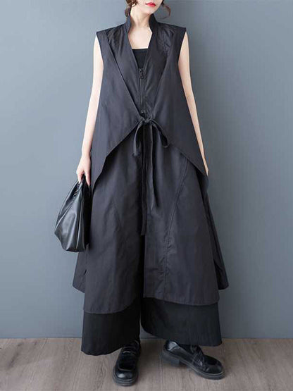 A-Line Loose Pockets Solid Color Tied Zipper V-Neck Midi Dresses Shirt Dress