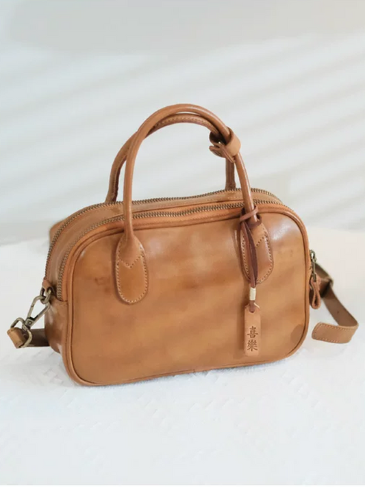 Vintage Genuine Leather Double-Zip Satchel