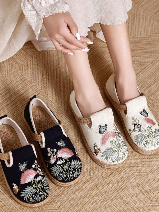 Women Vintage Ethnic Embroidered Cotton Linen Slip-On Flats