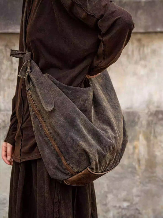 Vintage Leather Spliced Cotton Linen Crossbody Bag