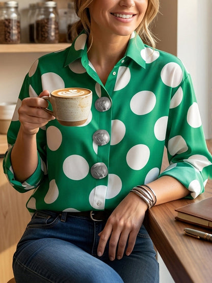 Long Sleeves Loose Buttoned Contrast Color Polka-Dot Lapel Blouses&Shirts Tops