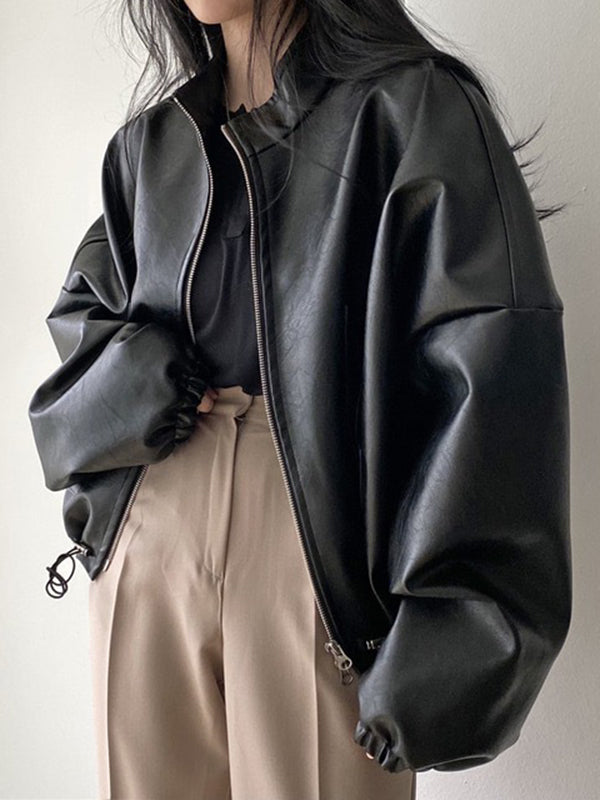 Long Sleeves Loose Drawstring Solid Color Zipper Stand Collar Jackets Outerwear