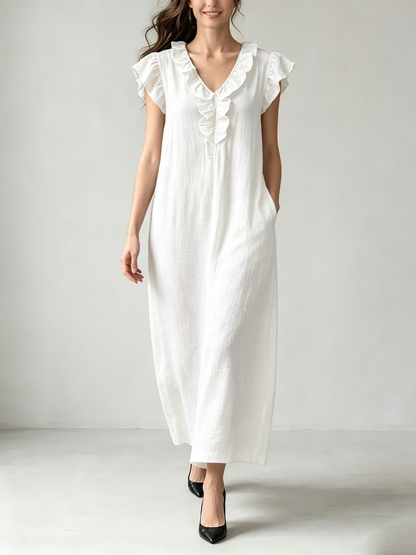 Loose Plus Size Pockets Ruffle Trim Solid Color V-Neck Maxi Dresses