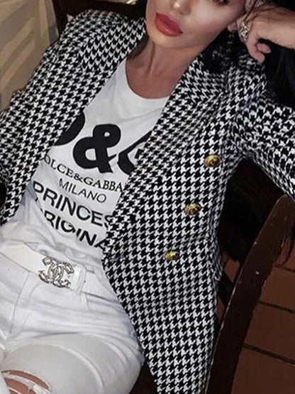 Long Sleeves Buttoned Houndstooth Notched Collar Blazer Outerwear