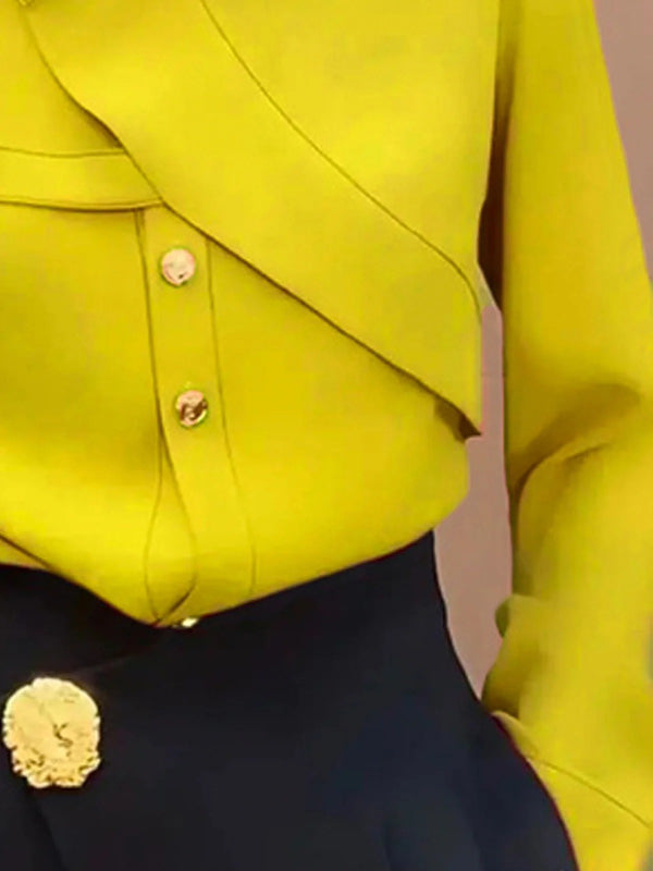 Long Sleeves Loose Asymmetric Buttoned Lapel Blouses&Shirts Tops