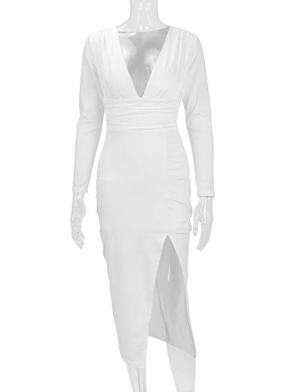 Bodycon Elasticated Waist Pleated Solid Color Split-Joint Split-Side Deep V-Neck Midi Dresses