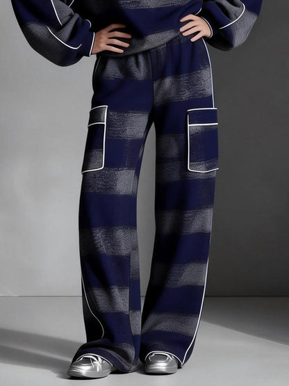 Loose Wide Leg Contrast Color Line Pockets Split-Joint Striped Pants