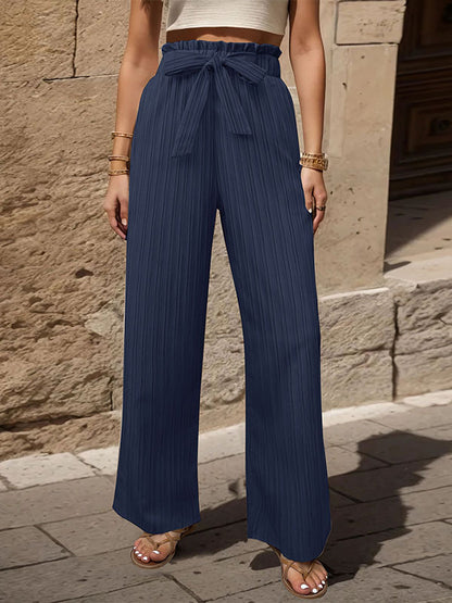 High Waisted Loose Elasticity Pleated Solid Color Tied Waist Pants Trousers