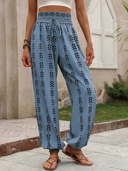 High Waisted Drawstring Pockets Printed Tied Pants Trousers