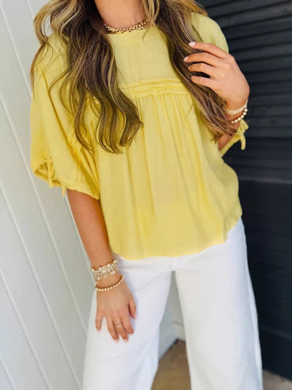 Half Sleeves Loose Drawstring Pleated Solid Color Split-Joint Round-Neck Blouses&Shirts Tops