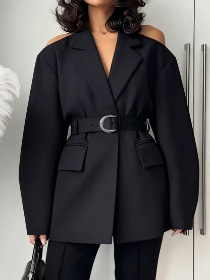 Long Sleeves Loose Belted Solid Color Split-Front Split-Joint Cold Shoulder Blazer Outerwear