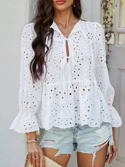 Long Sleeves Loose Elasticity Hollow Pleated Solid Color Tied Round-Neck Blouses&Shirts Tops