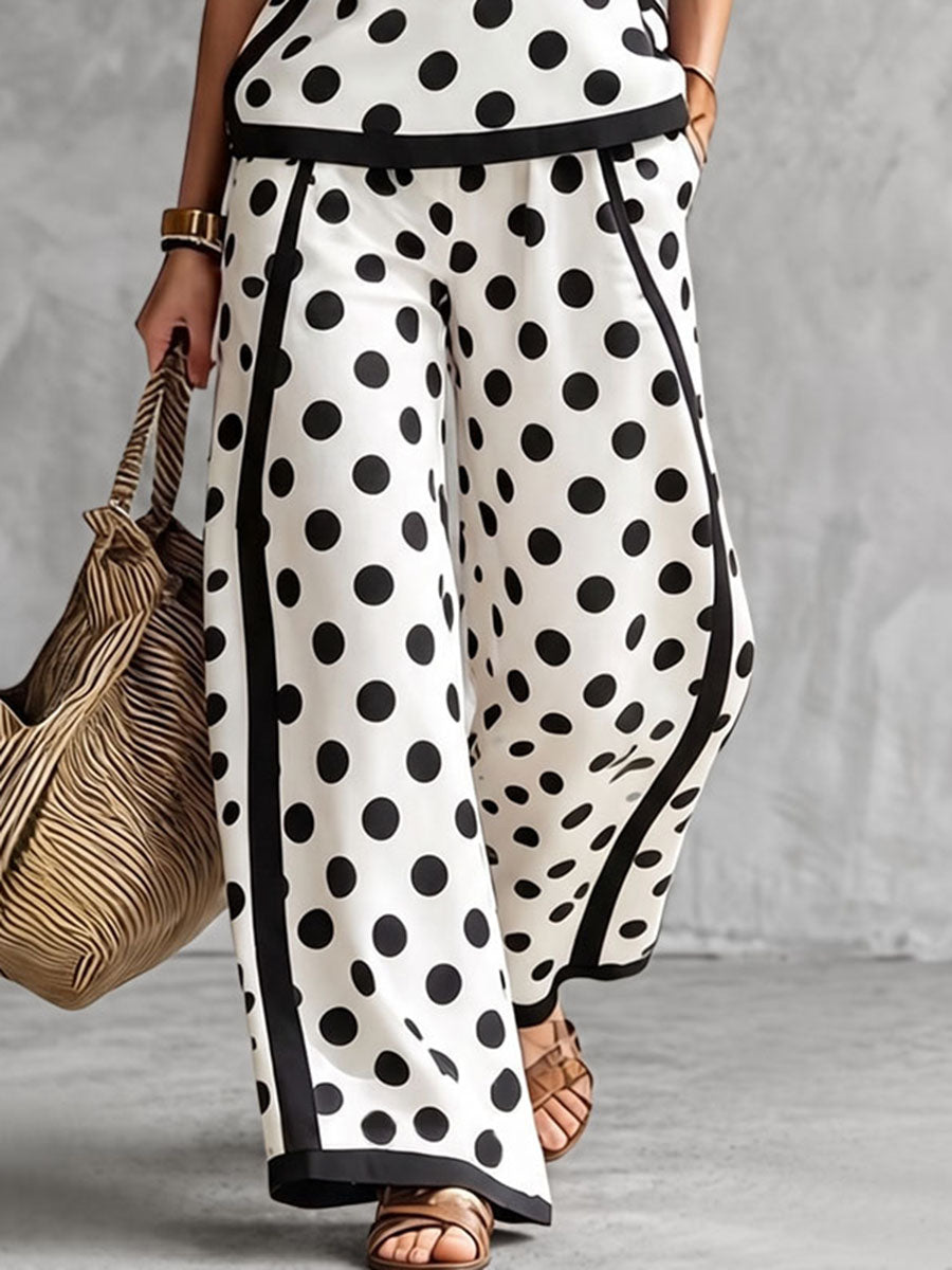 Loose Wide Leg Contrast Color Pockets Polka Dot Striped Pants Trousers