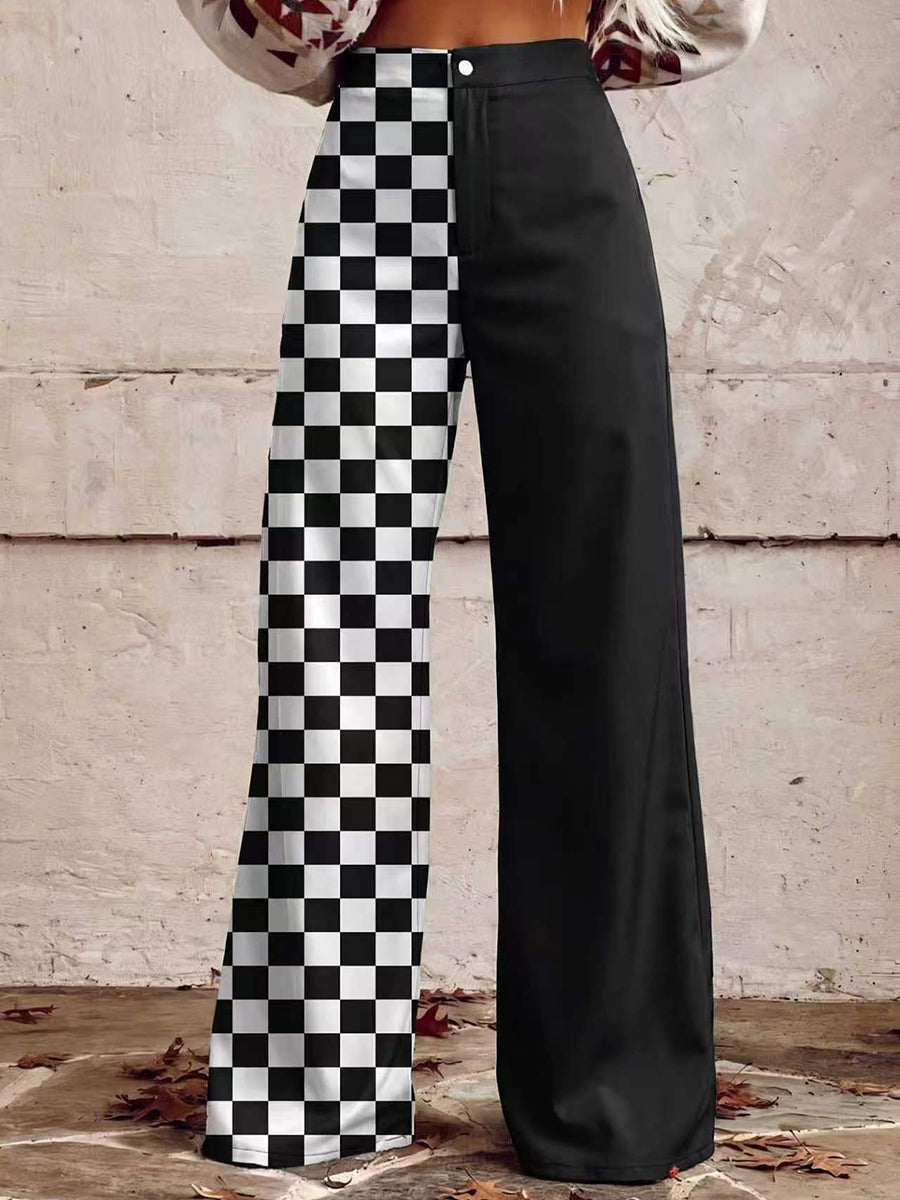 Printed Pockets Buttoned Wide Leg Plus Size Trousers Pants