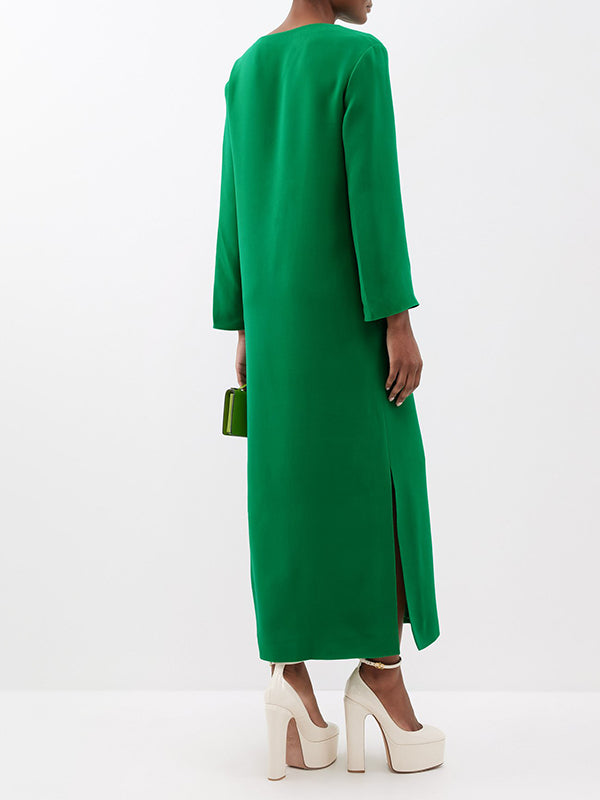 Long Sleeves Wrap Solid Color Split-Side V-Neck Maxi Dresses