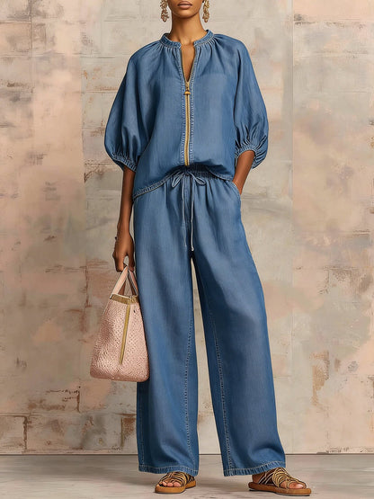 Half Sleeves Loose Drawstring Elasticity Pockets Solid Color Zipper Round-Neck Blouses&Shirts Tops Pants Trousers Two Pieces Set