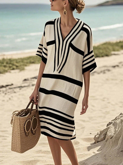 Half Sleeves Loose Contrast Color Split-Joint V-Neck Midi Dresses
