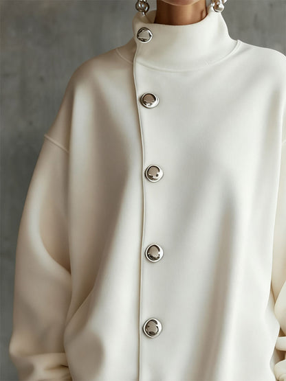 Long Sleeves Loose Buttoned Solid Color Split-Joint High Neck Mini Dresses Sweatershirt