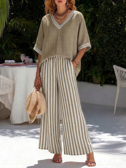 Half Sleeves Loose Contrast Color Pockets Striped V-Neck Blouses Top + Pants Bottom Two Pieces Set