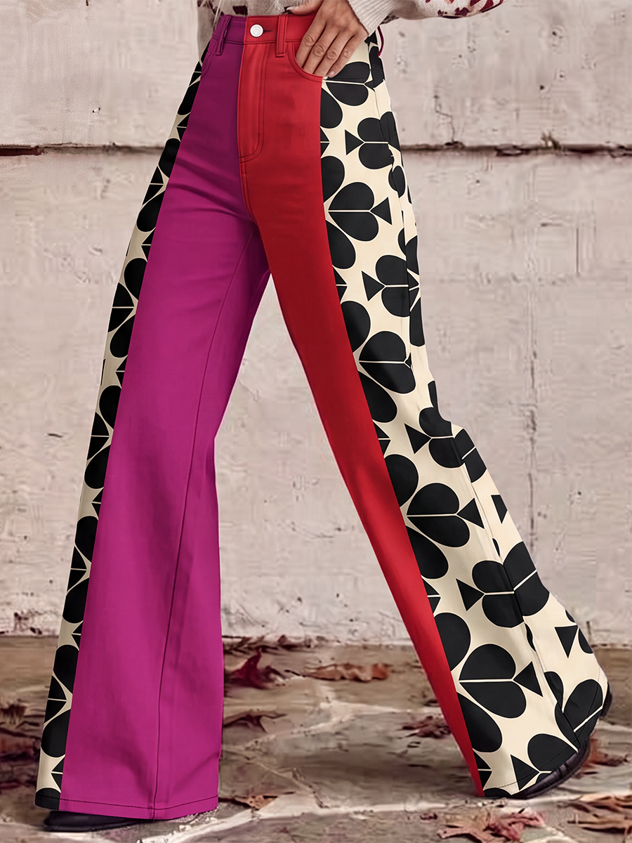 Printed Pockets Buttoned Wide Leg Plus Size Trousers Pants