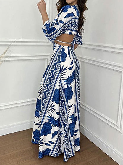 A-Line Cropped Contrast Color Knot Printed Split-Joint Deep V-Neck Maxi Dresses