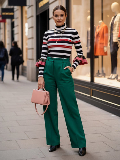 Long Sleeves Skinny Contrast Color Ruffled Split-Joint Striped Half Turtleneck Blouses&Shirts Tops