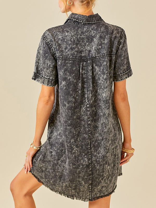 A-Line Loose Fringed Pleated Pockets Split-Joint Lapel Mini Dresses