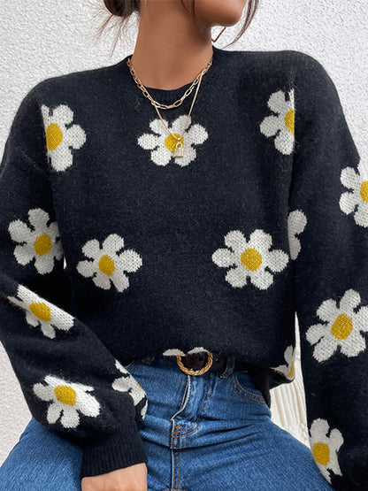 Long Sleeves Loose Contrast Color Floral Printed Split-Joint Round-Neck Sweater Tops