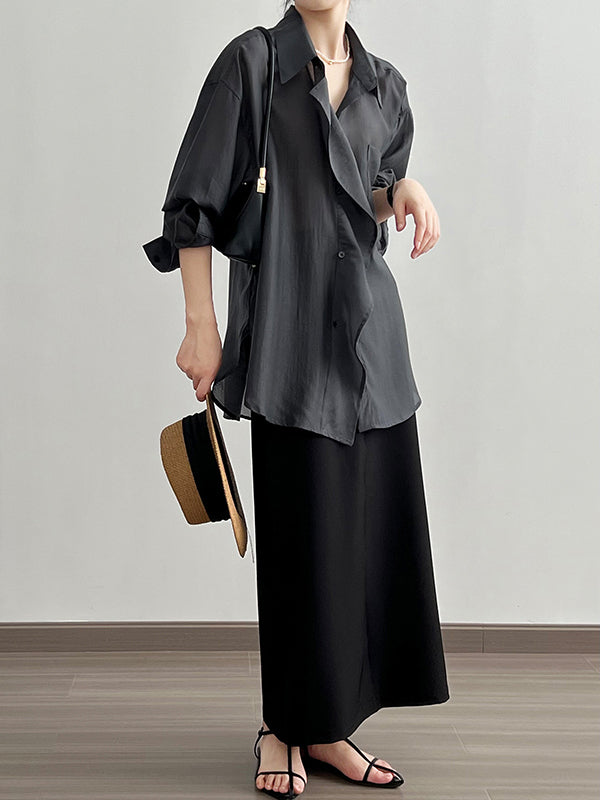 Irregular Clipping Long Sleeves Solid Color Lapel Blouses&Shirts Tops