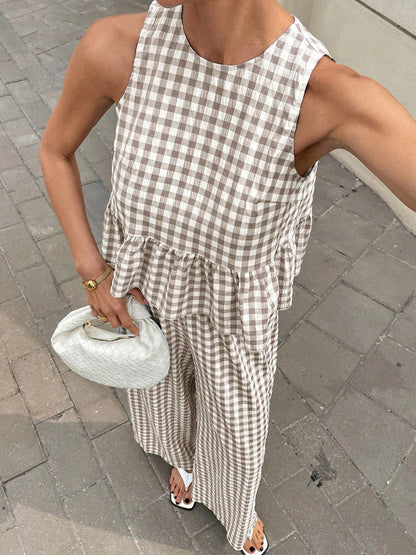 A-Line Loose Plaid Pleated Split-Joint Round-Neck Vest Top + Pants Bottom Suits