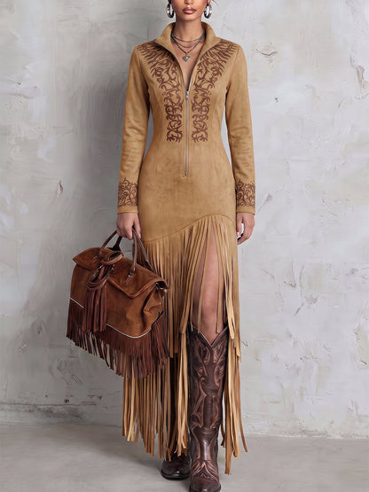Zipper Tasseled Split-Joint Printed Contrast Color Long Sleeves Irregularity V-neck Maxi Dresses