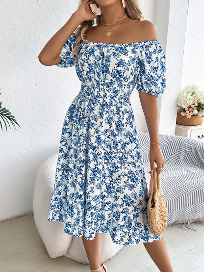 A-Line Short Sleeves Contrast Color Elasticity Flower Print Ruffle Trim Split-Joint Square-Neck Midi Dresses