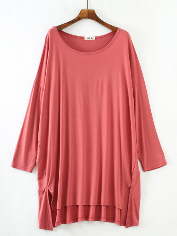 Solid Color Modal Plus Size High-Low Long Sleeve Pajamas Dress