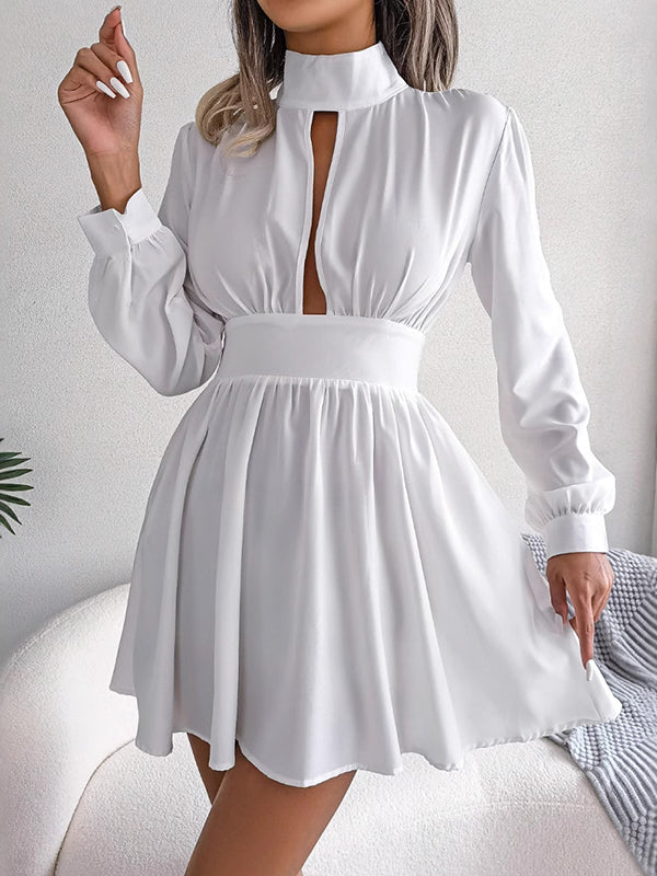 A-Line Elasticated Waist Hollow Solid Color Zipper Half Turtleneck Mini Dresses