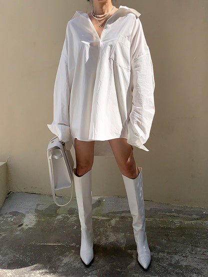 Long Sleeves Loose Buttoned Pockets Solid Color Lapel Blouses&Shirts Tops