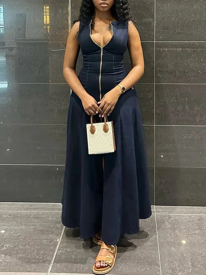 High Waisted Loose Solid Color Split-Front Zipper V-Neck Maxi Dresses