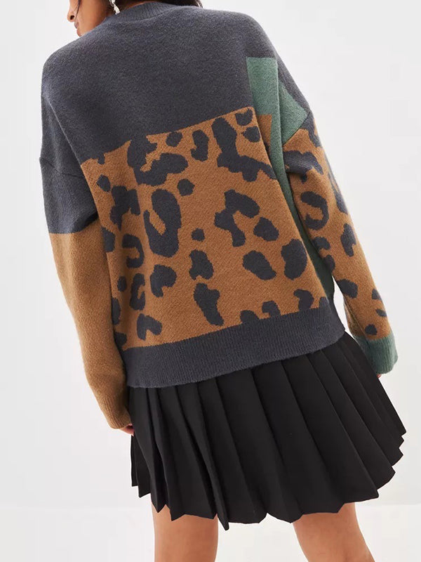 Long Sleeves Loose Contrast Color Leopard Split-Joint Round-Neck Pullovers Sweater Tops